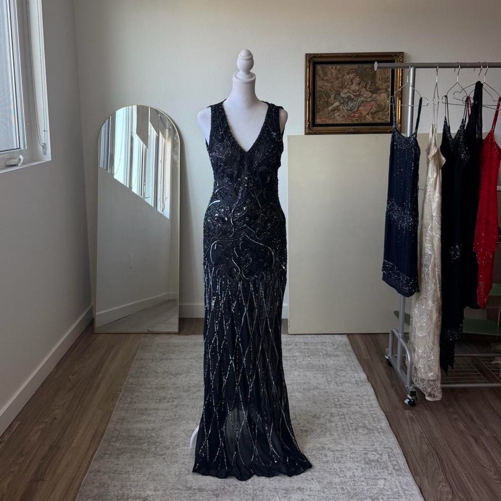 Cache Fully Beaded V-Neck Evening Gown
